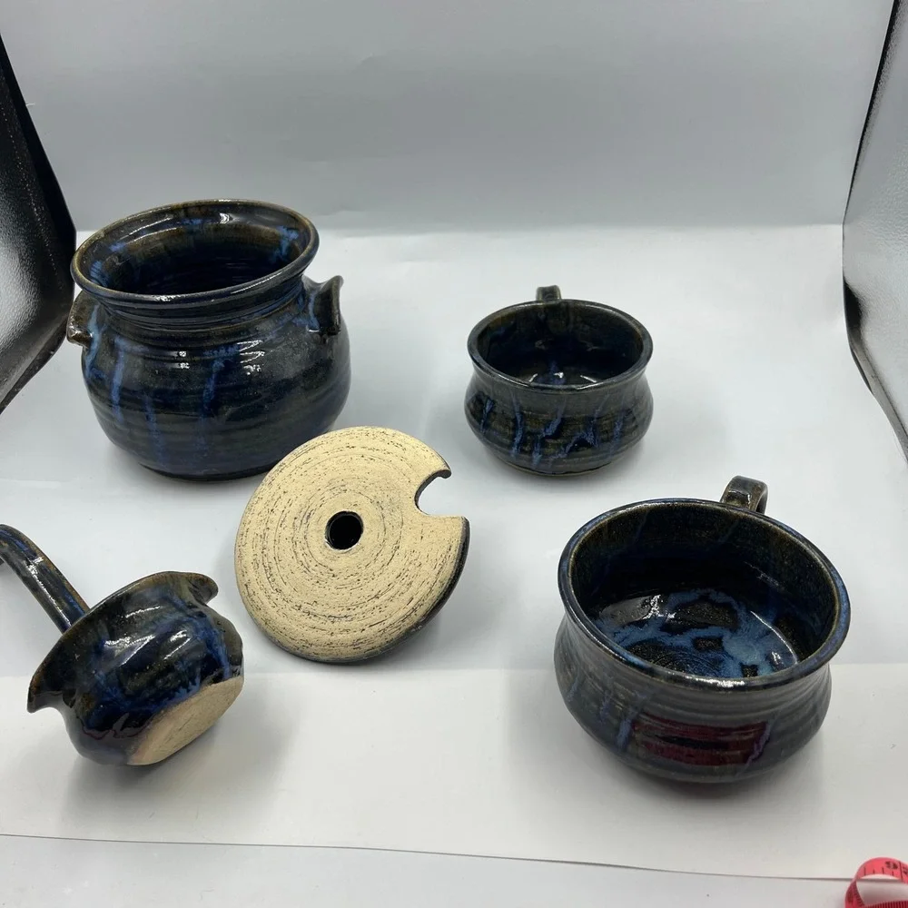 Vintage Signed Studio Pottery Soup Pot with Lid Ladle and 2‎ Bowls Blue Glaze